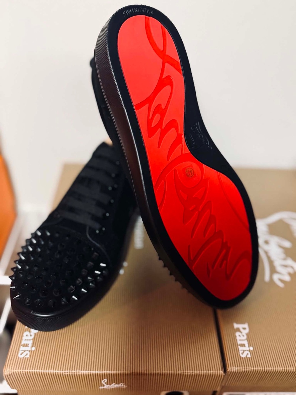 Christian Louboutin Black Studded Low-Top Sneakers with Red Sole